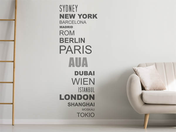 Wandtattoo Aua mit Weltstädten