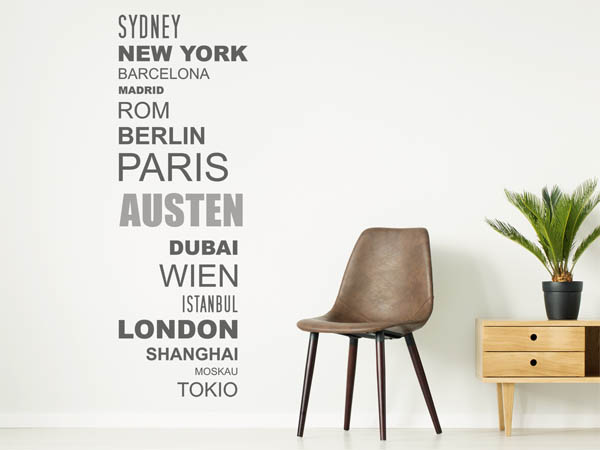 Wandtattoo Austen mit Weltstädten