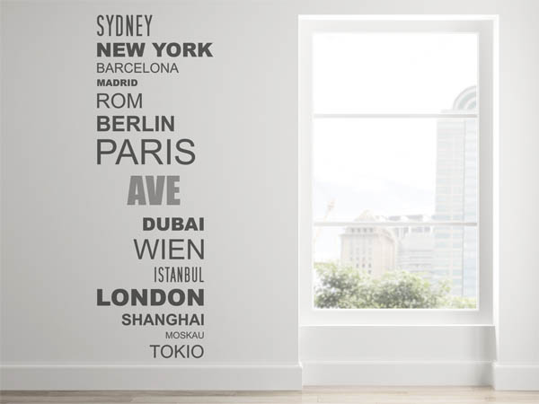 Wandtattoo Ave mit Weltstädten