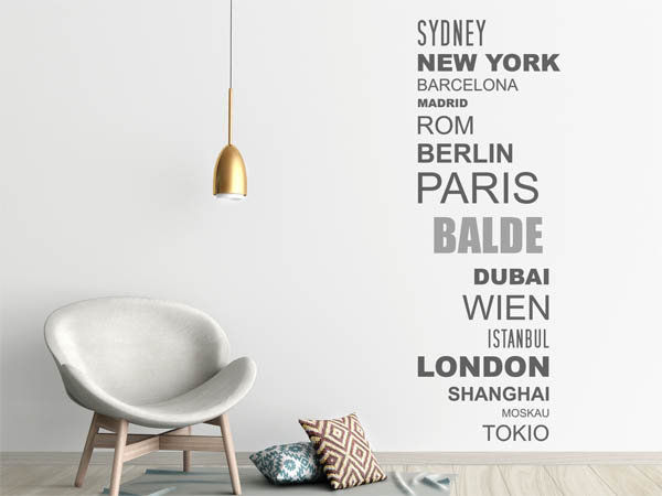 Wandtattoo Balde mit Weltstädten