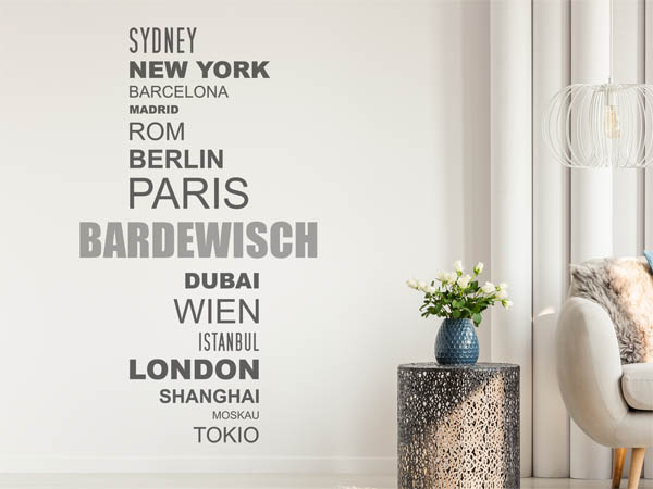 Wandtattoo Bardewisch mit Weltstädten