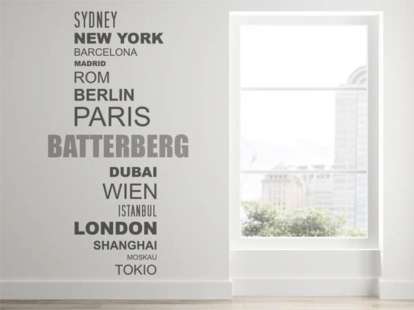 Wandtattoo Batterberg mit Weltstädten