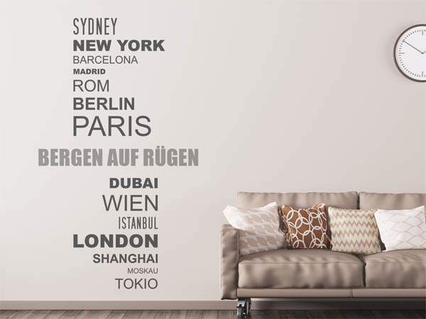 Wandtattoo Bergen auf Rügen mit Weltstädten