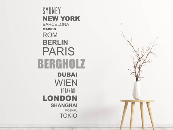 Wandtattoo Bergholz mit Weltstädten