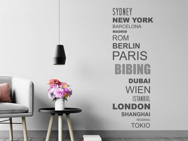 Wandtattoo Bibing mit Weltstädten