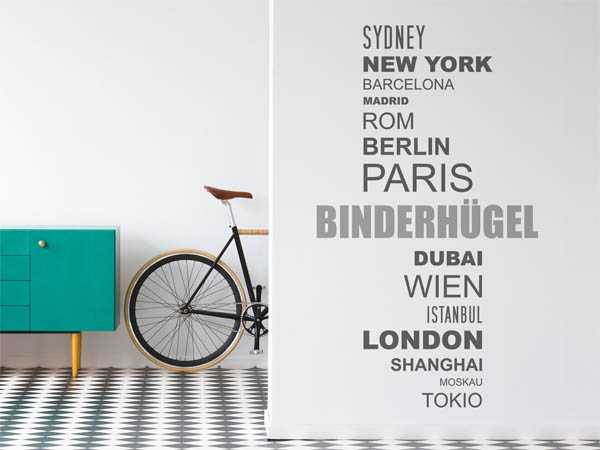 Wandtattoo Binderhügel mit Weltstädten