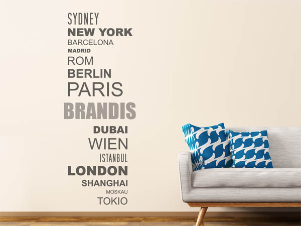Wandtattoo Brandis mit Weltstädten