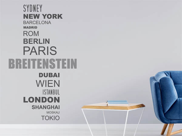 Wandtattoo Breitenstein mit Weltstädten