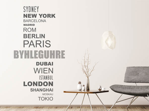 Wandtattoo Byhleguhre mit Weltstädten