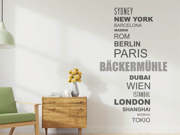 Wandtattoo Bäckermühle mit Weltstädten
