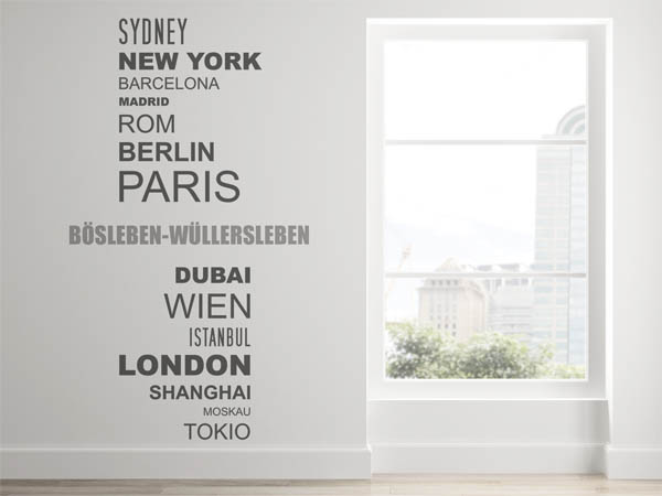 Wandtattoo Bösleben-Wüllersleben mit Weltstädten