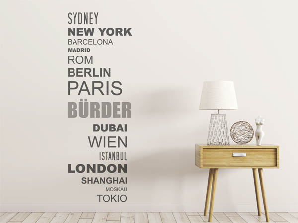 Wandtattoo Bürder mit Weltstädten