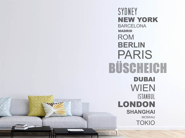 Wandtattoo Büscheich mit Weltstädten