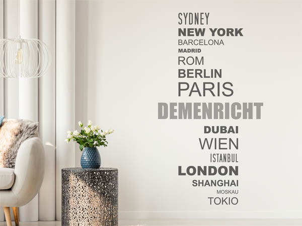 Wandtattoo Demenricht mit Weltstädten