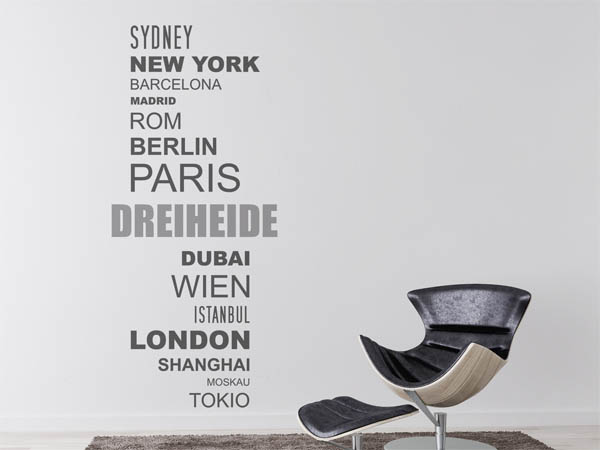 Wandtattoo Dreiheide mit Weltstädten