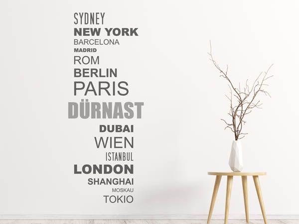 Wandtattoo Dürnast mit Weltstädten