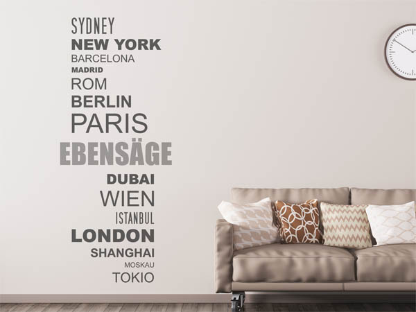 Wandtattoo Ebensäge mit Weltstädten