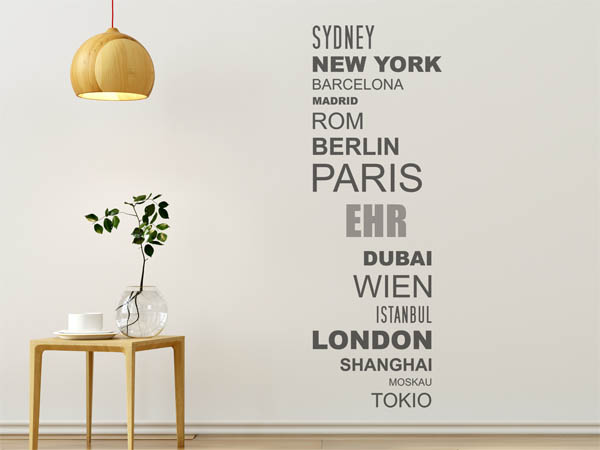 Wandtattoo Ehr mit Weltstädten