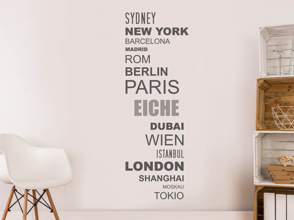 Wandtattoo Eiche mit Weltstädten