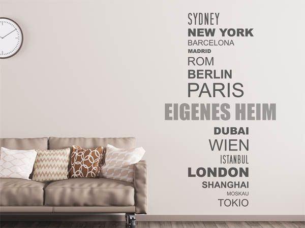 Wandtattoo Eigenes Heim mit Weltstädten