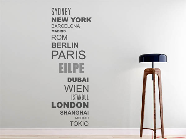 Wandtattoo Eilpe mit Weltstädten