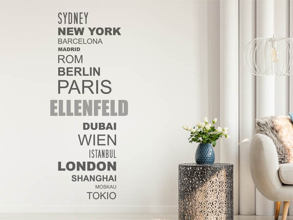 Wandtattoo Ellenfeld mit Weltstädten
