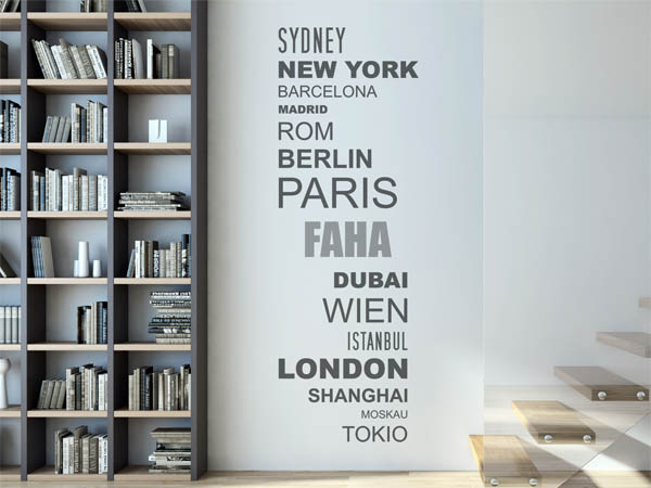 Wandtattoo Faha mit Weltstädten