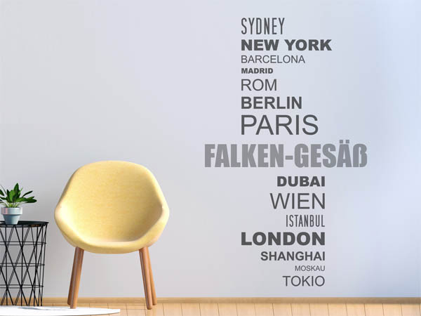 Wandtattoo Falken-Gesäß mit Weltstädten