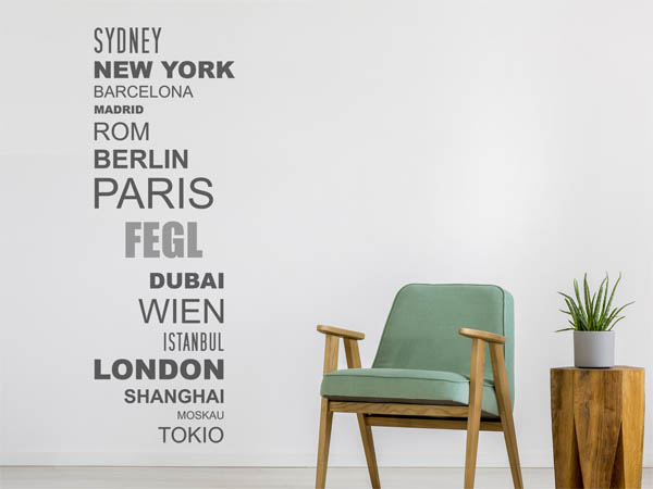 Wandtattoo Fegl mit Weltstädten