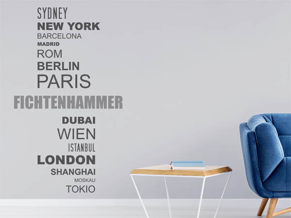 Wandtattoo Fichtenhammer mit Weltstädten