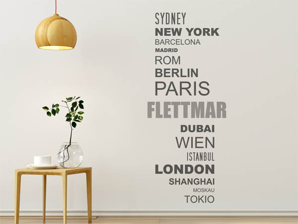 Wandtattoo Flettmar mit Weltstädten
