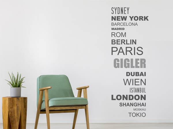 Wandtattoo Gigler mit Weltstädten