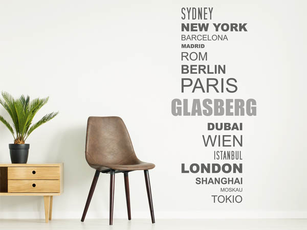 Wandtattoo Glasberg mit Weltstädten