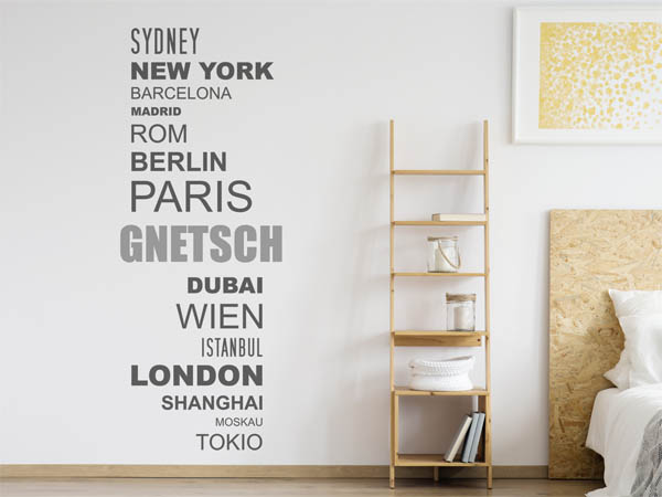 Wandtattoo Gnetsch mit Weltstädten