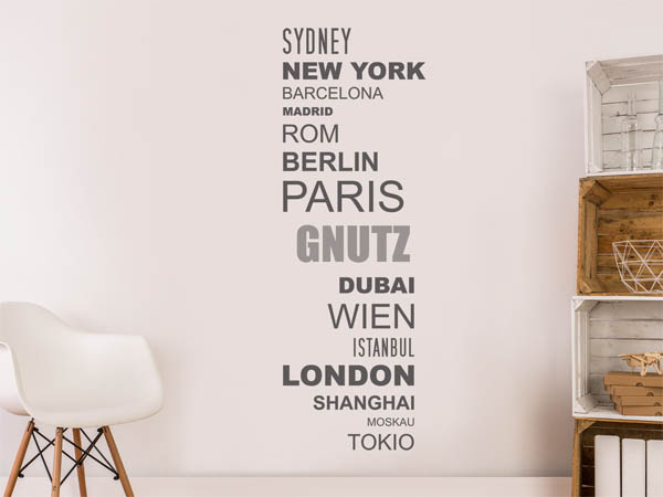 Wandtattoo Gnutz mit Weltstädten