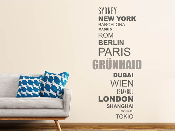 Wandtattoo Grünhaid mit Weltstädten