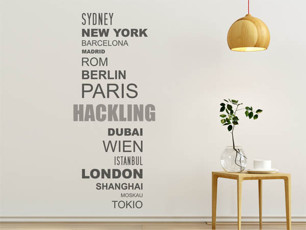 Wandtattoo Hackling mit Weltstädten