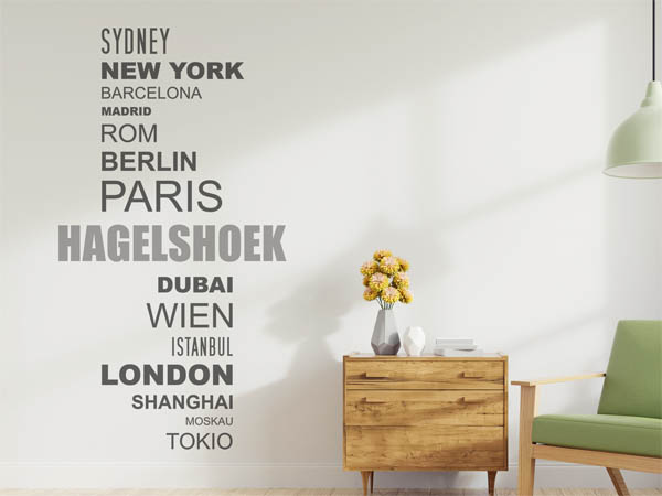 Wandtattoo Hagelshoek mit Weltstädten