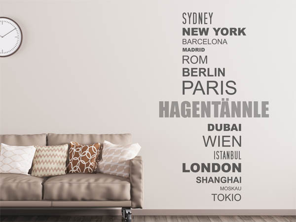 Wandtattoo Hagentännle mit Weltstädten