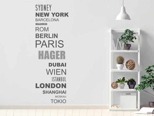 Wandtattoo Hager mit Weltstädten