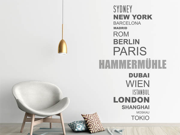 Wandtattoo Hammermühle mit Weltstädten