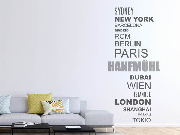 Wandtattoo Hanfmühl mit Weltstädten