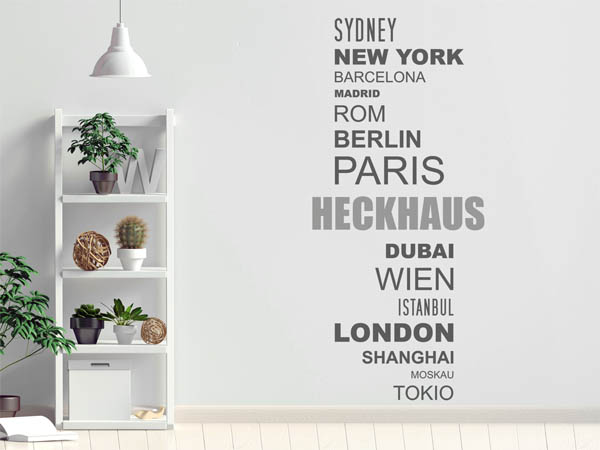 Wandtattoo Heckhaus mit Weltstädten