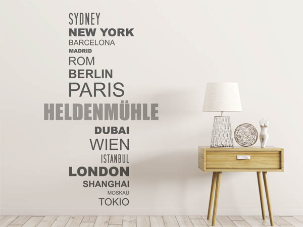 Wandtattoo Heldenmühle mit Weltstädten