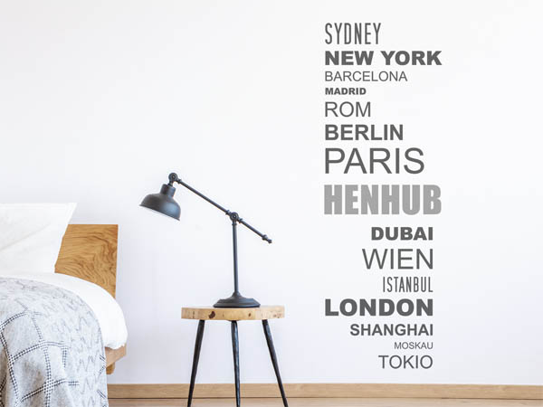 Wandtattoo Henhub mit Weltstädten