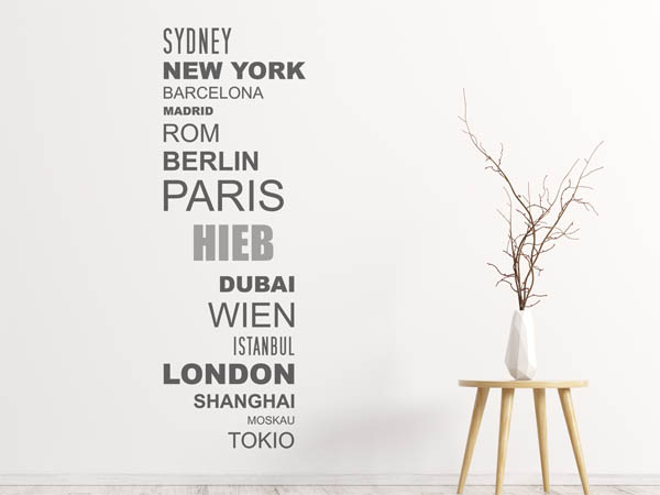 Wandtattoo Hieb mit Weltstädten
