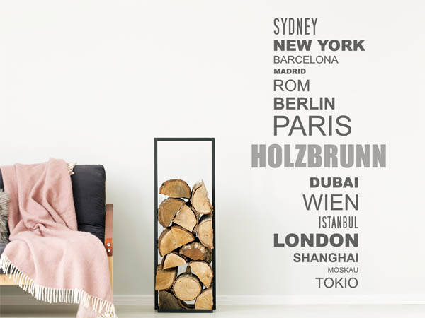 Wandtattoo Holzbrunn mit Weltstädten