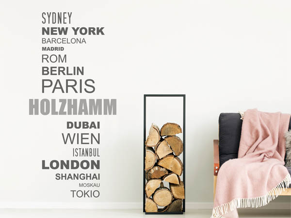 Wandtattoo Holzhamm mit Weltstädten