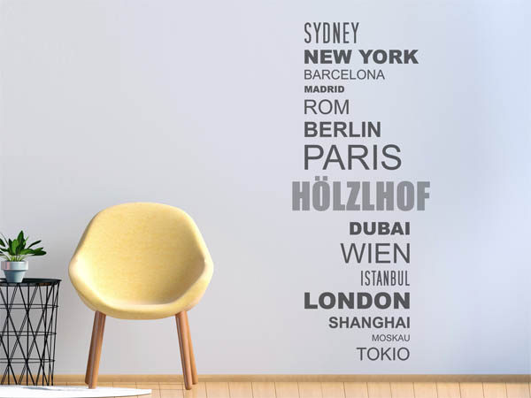 Wandtattoo Hölzlhof mit Weltstädten