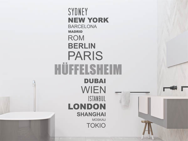 Wandtattoo Hüffelsheim mit Weltstädten
